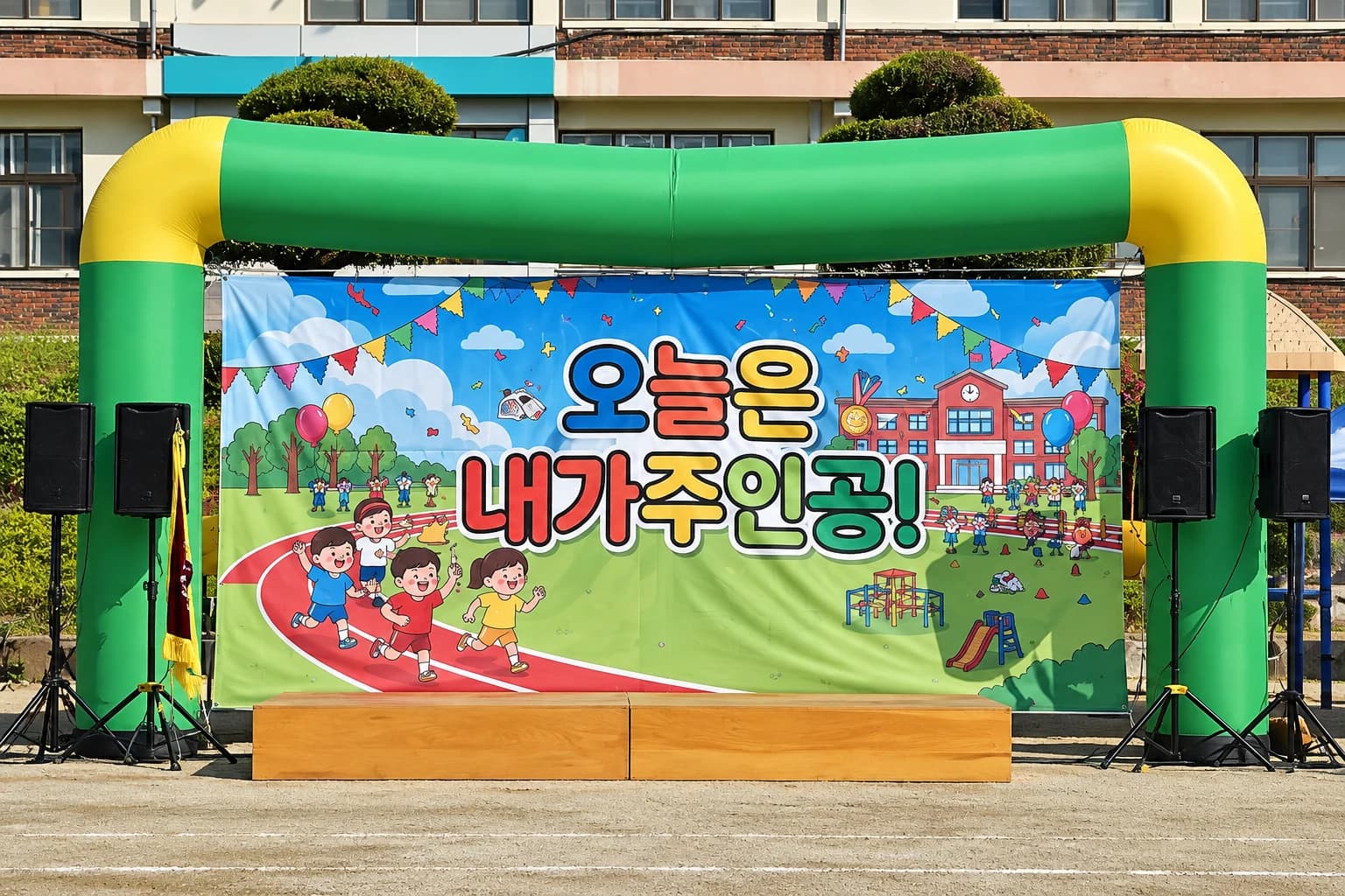 초록색과 노란색 에어아치 안에 오늘은 내가 주인공 문구의 대형 현수막이 설치된 모습