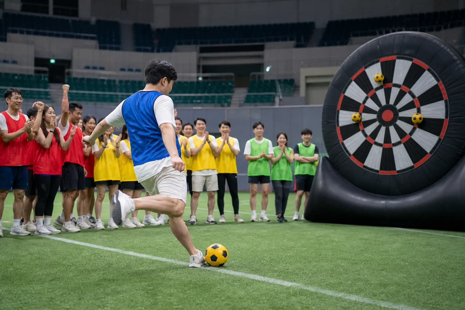파랑 빨강 초록 노랑 팀이 여러 종목에 참여하는 미니 스포츠 축제