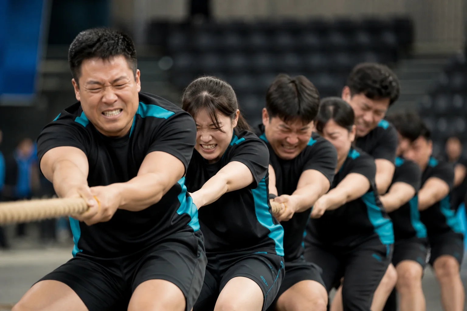 팀원들이 함께 로프를 당기는 실내 경기