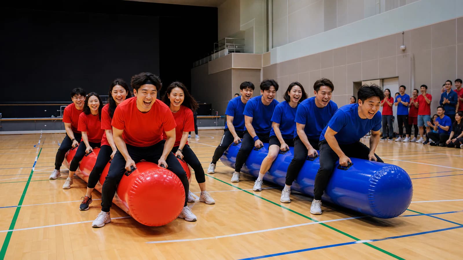 실내 체육관에서 에어봉 릴레이를 하는 참가자들